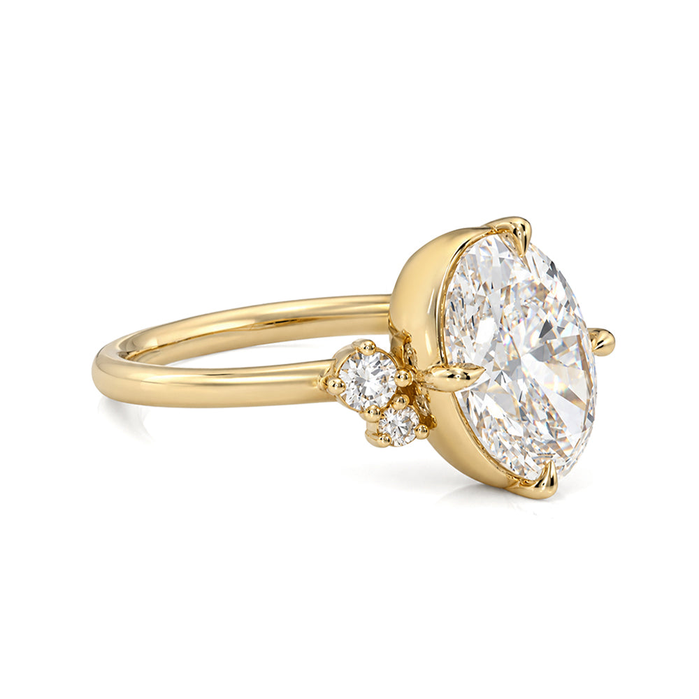 Tilted Orientation Oval Lab Grown Diamond Ring With Mixed Cut Cluster Side Diamonds On Gold Band Faux Bezel Sk R96 Lgd Oc 286 Side