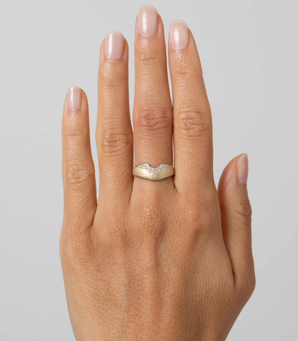 Mini Shield P-R12-A ring in 14K yellow gold with shiny finish and mini shield diamond accents