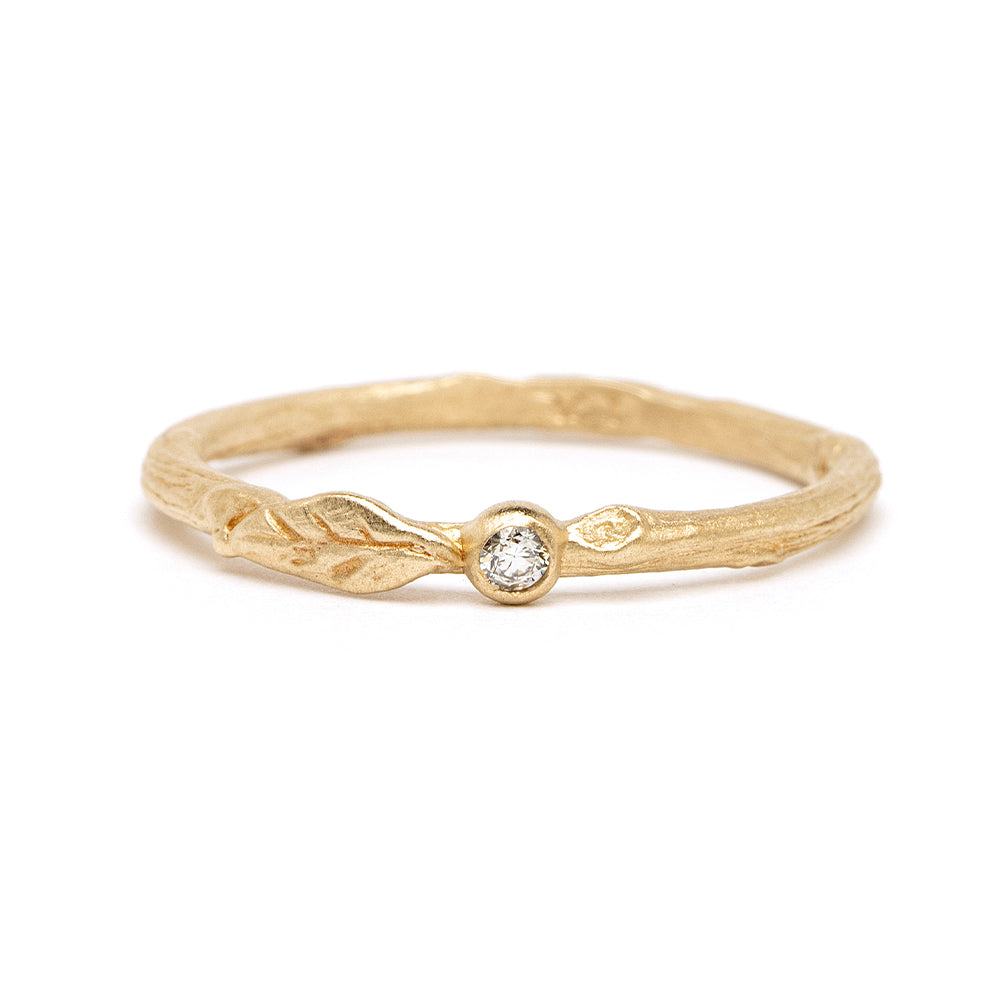Single Leaf ES-R35-D leaf band ring in 14K yellow gold with small round diamond setting, shiny