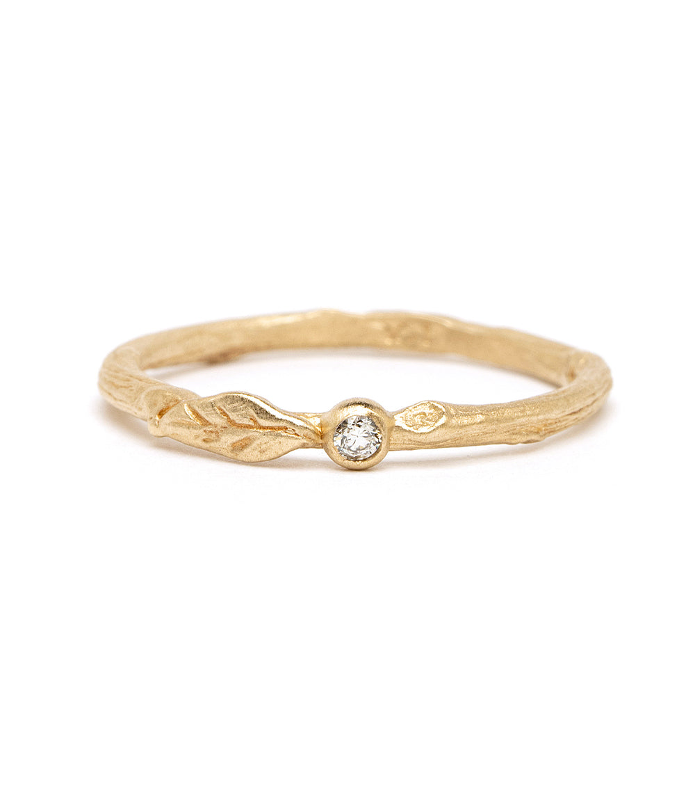Single Leaf ES-R35-D leaf band ring in 14K yellow gold with small round diamond setting, shiny