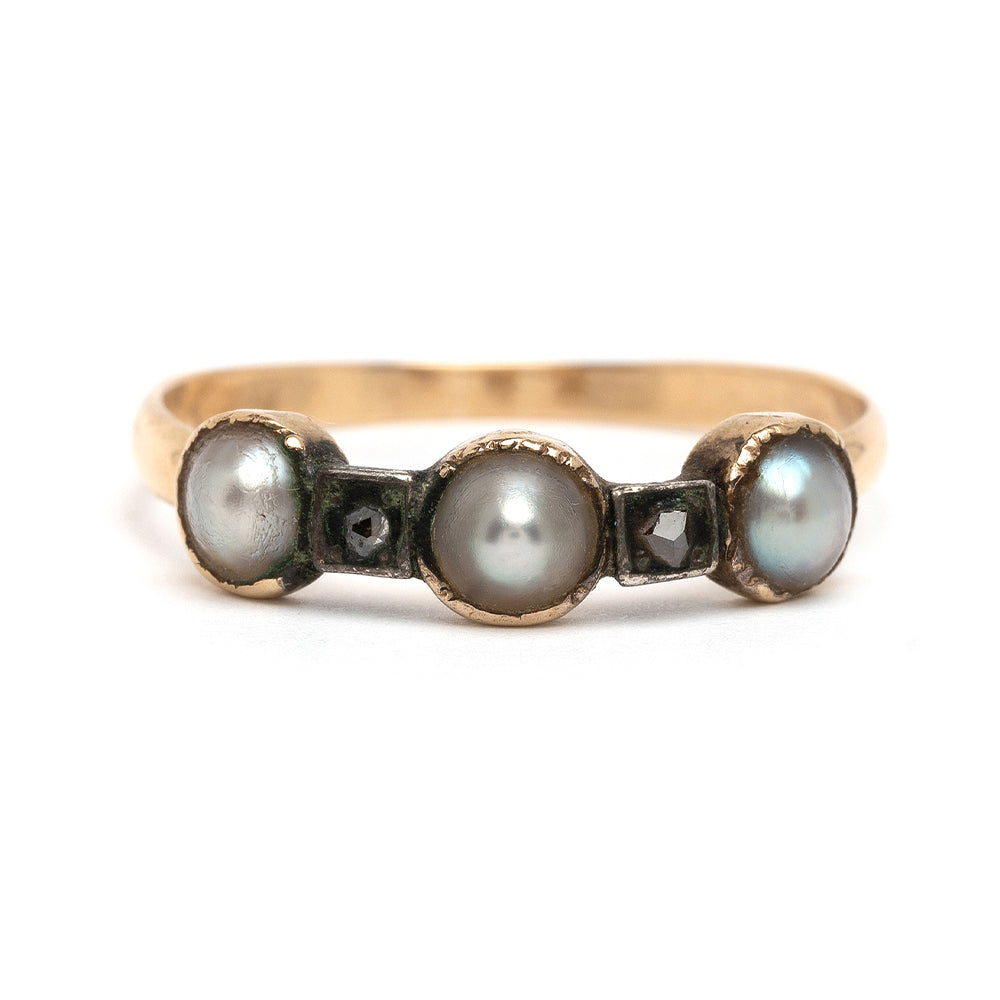 Pearl and Diamond Vintage Stacking Band I by VC-R165 in warm gold with three pearl-like spheres and diamond accents
