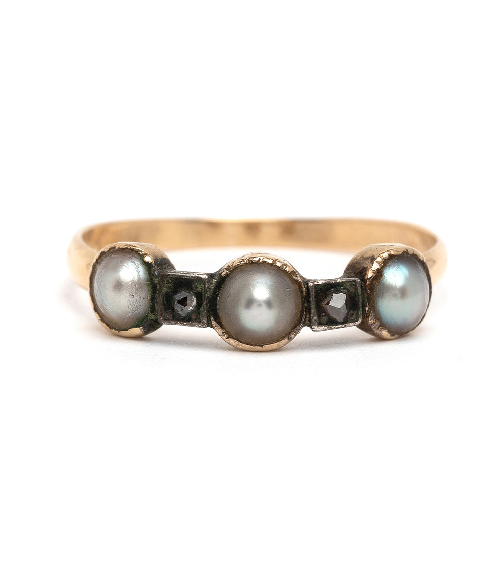 Pearl and Diamond Vintage Stacking Band I by VC-R165 in warm gold with three pearl-like spheres and diamond accents