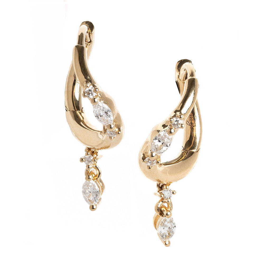 Small Melt Hoops by ML-E4 shiny gold earrings with dangling pear-cut stones and a molten hoop curve