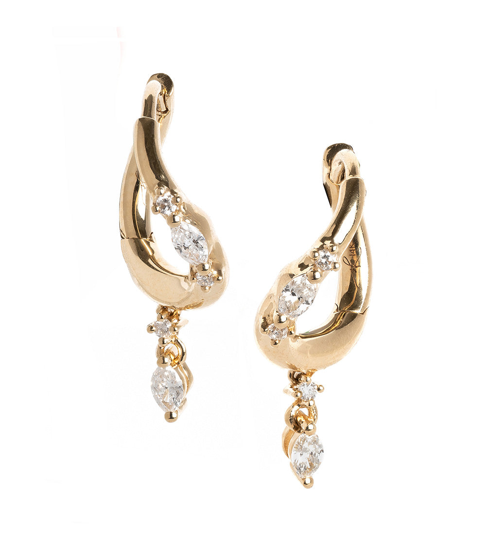 Small Melt Hoops by ML-E4 shiny gold earrings with dangling pear-cut stones and a molten hoop curve