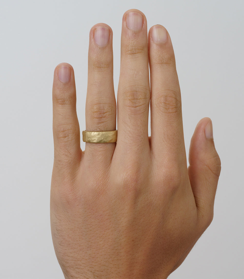 Raw Texture Wedding Band M-R1-6 men's wedding band in 14K yellow gold, shiny raw texture finish