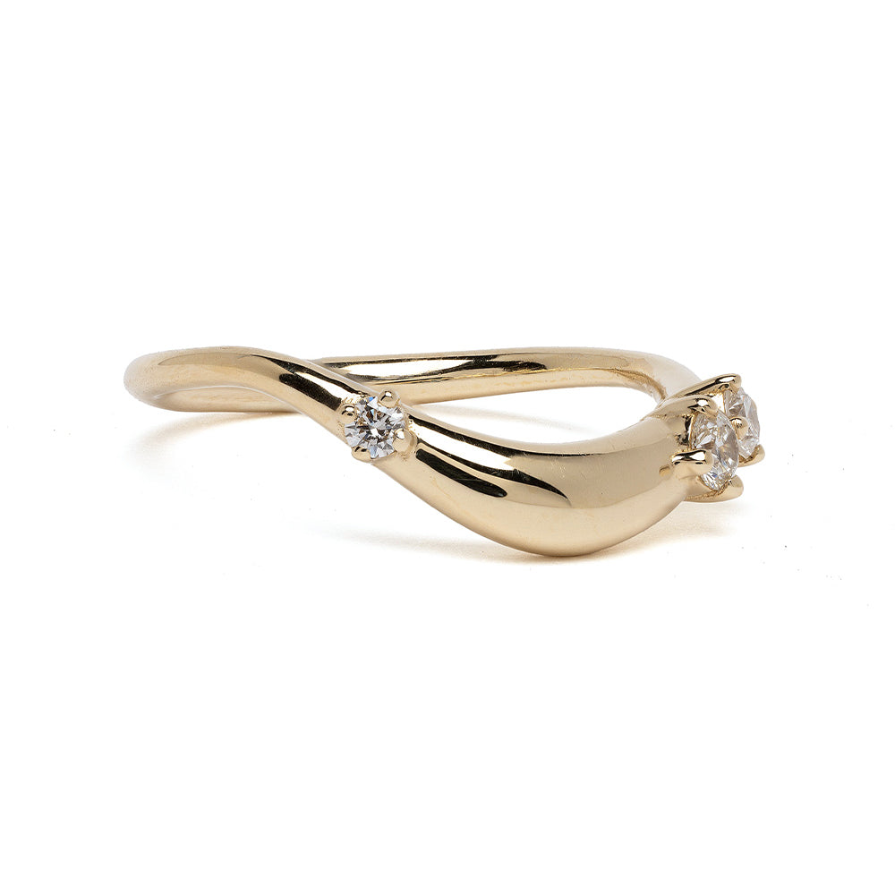 Small Melt Band EGB-R1-3D-SM shiny yellow gold ring with melt motif and two diamond stones