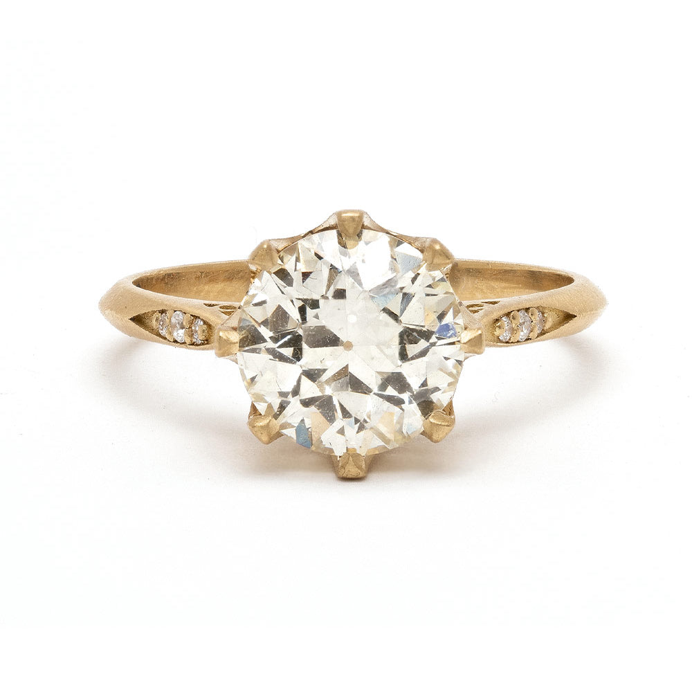 Evangeline by SK-R92-OEC gold 3 stone engagement ring with radiant center diamond and small side stones