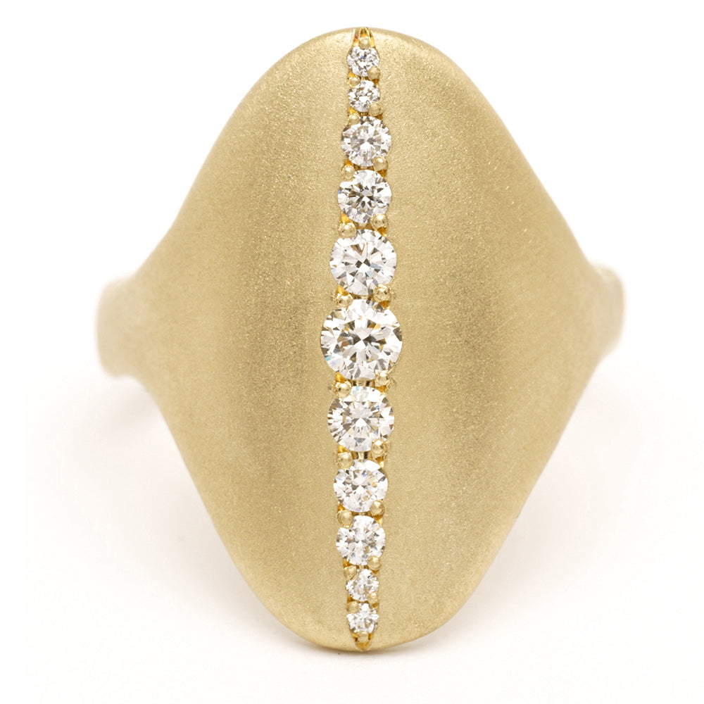 Shield Ring P-R7-D shiny 14K yellow gold ring with vertical row of round diamonds