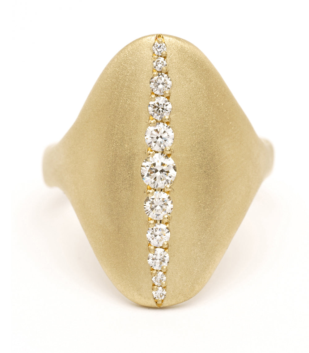 Shield Ring P-R7-D shiny 14K yellow gold ring with vertical row of round diamonds