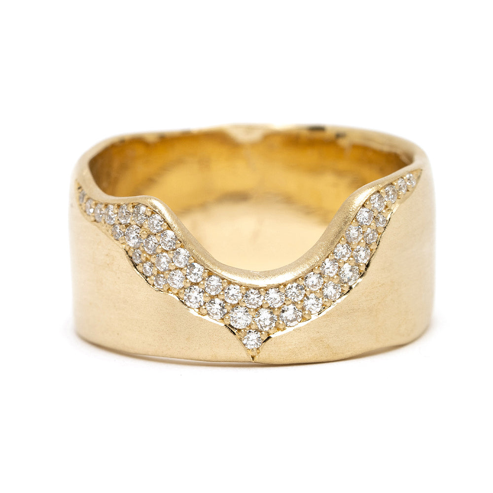 Rolling Hills P-R13-A unique engagement ring in 14K yellow gold, asymmetrical engagement ring with pavé diamonds