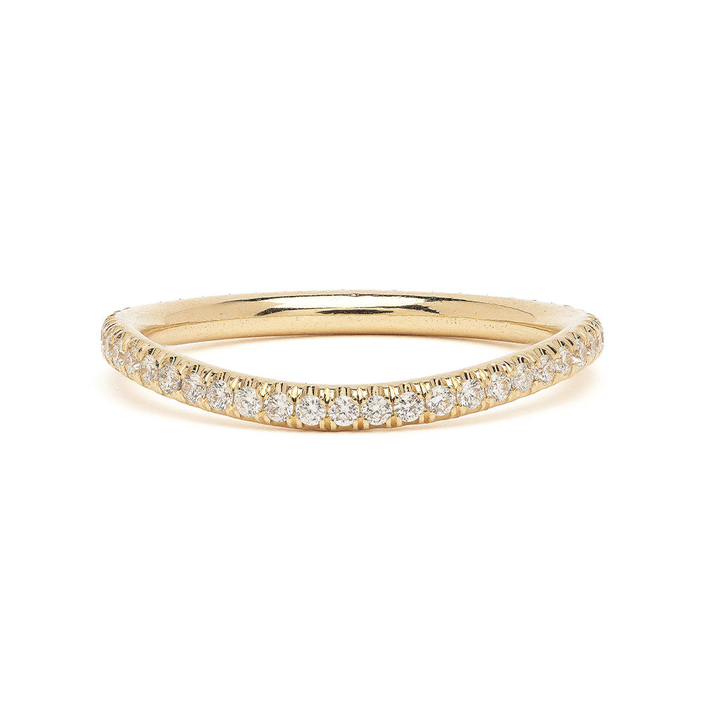 Mini Melt by EGB-R18-D understated engagement ring band in 14K yellow gold with pave diamond edge.