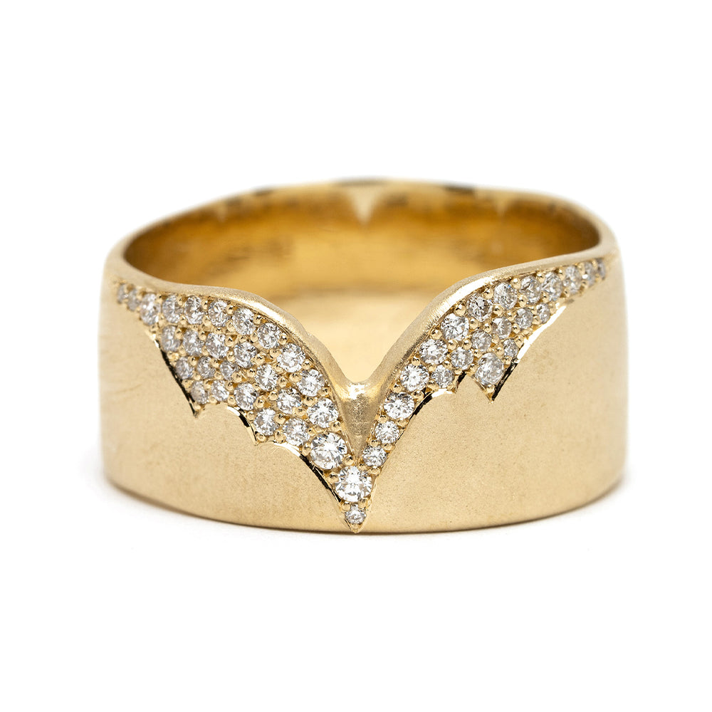 Glacier Point by P-R14-A asymmetrical engagement ring in 14K yellow gold with understated diamond sparkle setting