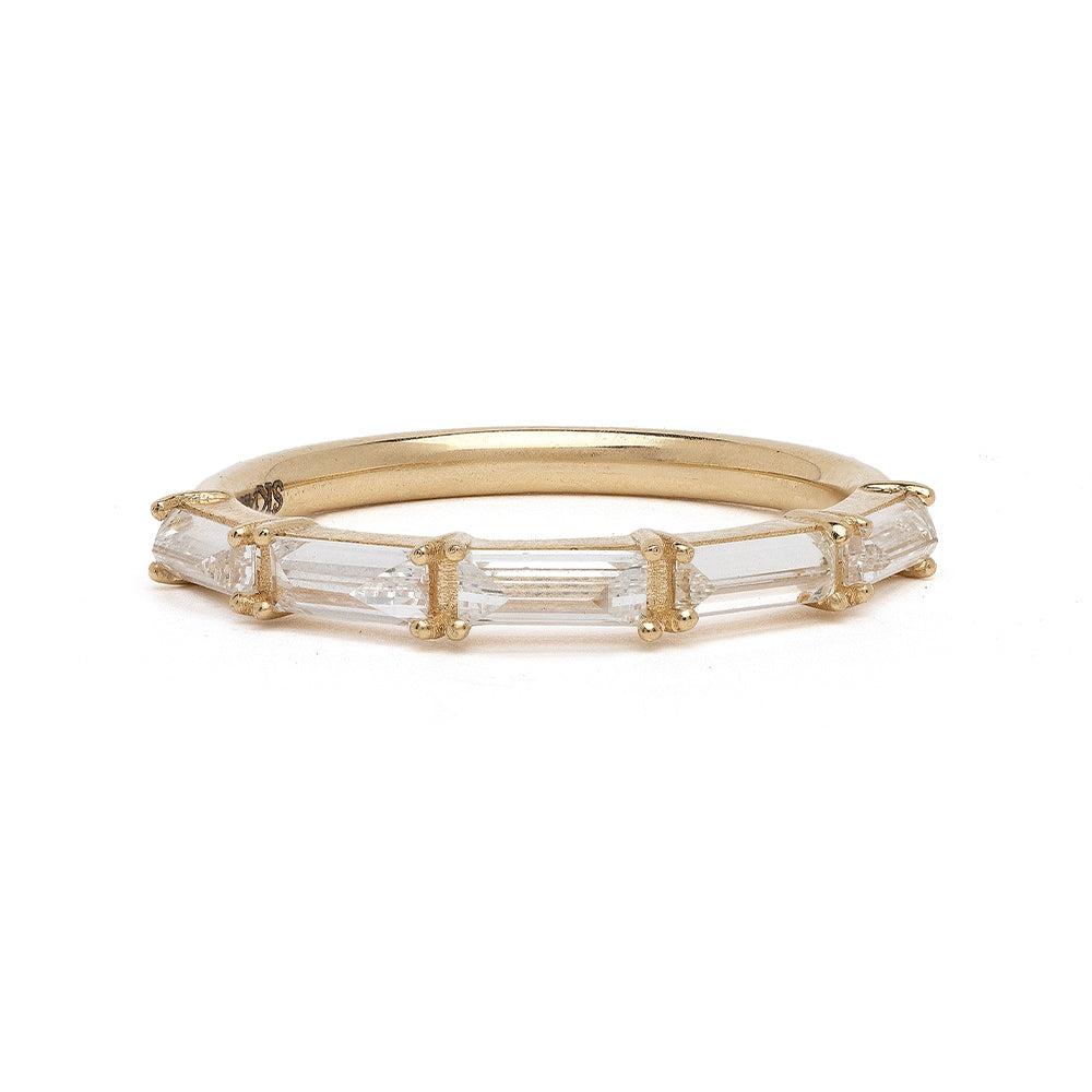 Stardust SB-R3 engagement ring in shiny 14K yellow gold with three baguette clear stones, 3 stone engagement ring