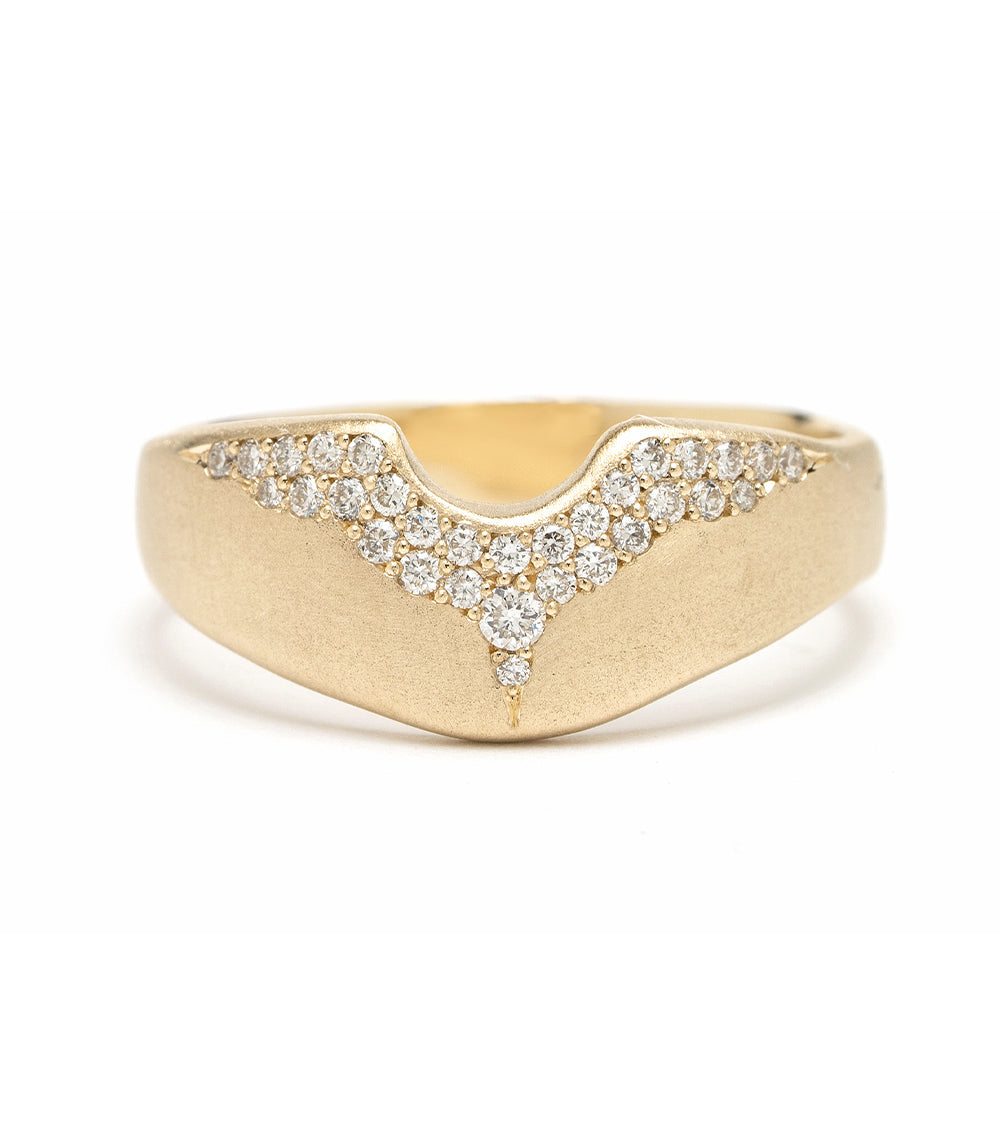 Mini Shield P-R12-A ring in 14K yellow gold with shiny pave diamond shield design
