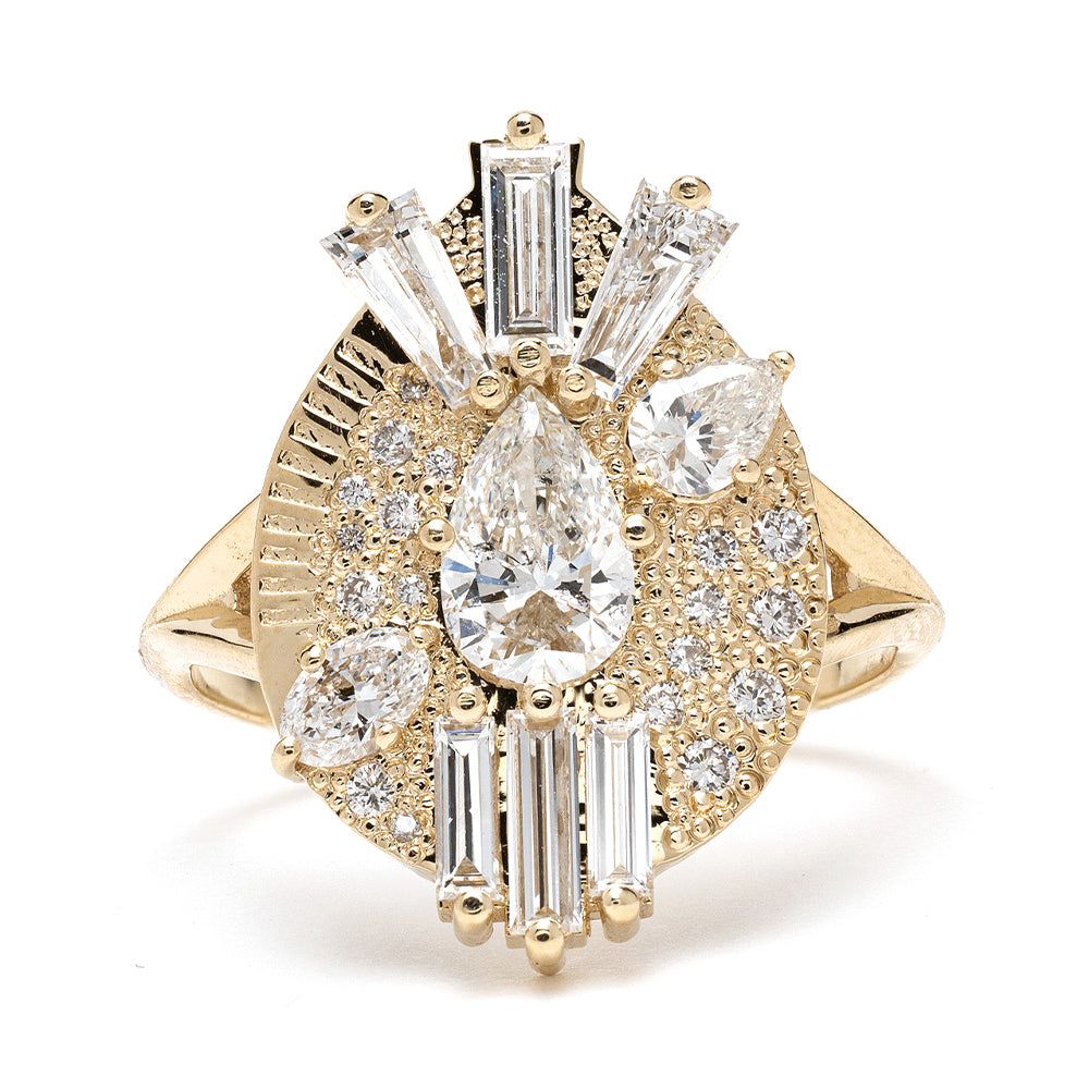 Valentina by MM-R2 gold ring with sparkling baguette and round diamonds, asymmetrical openwork setting