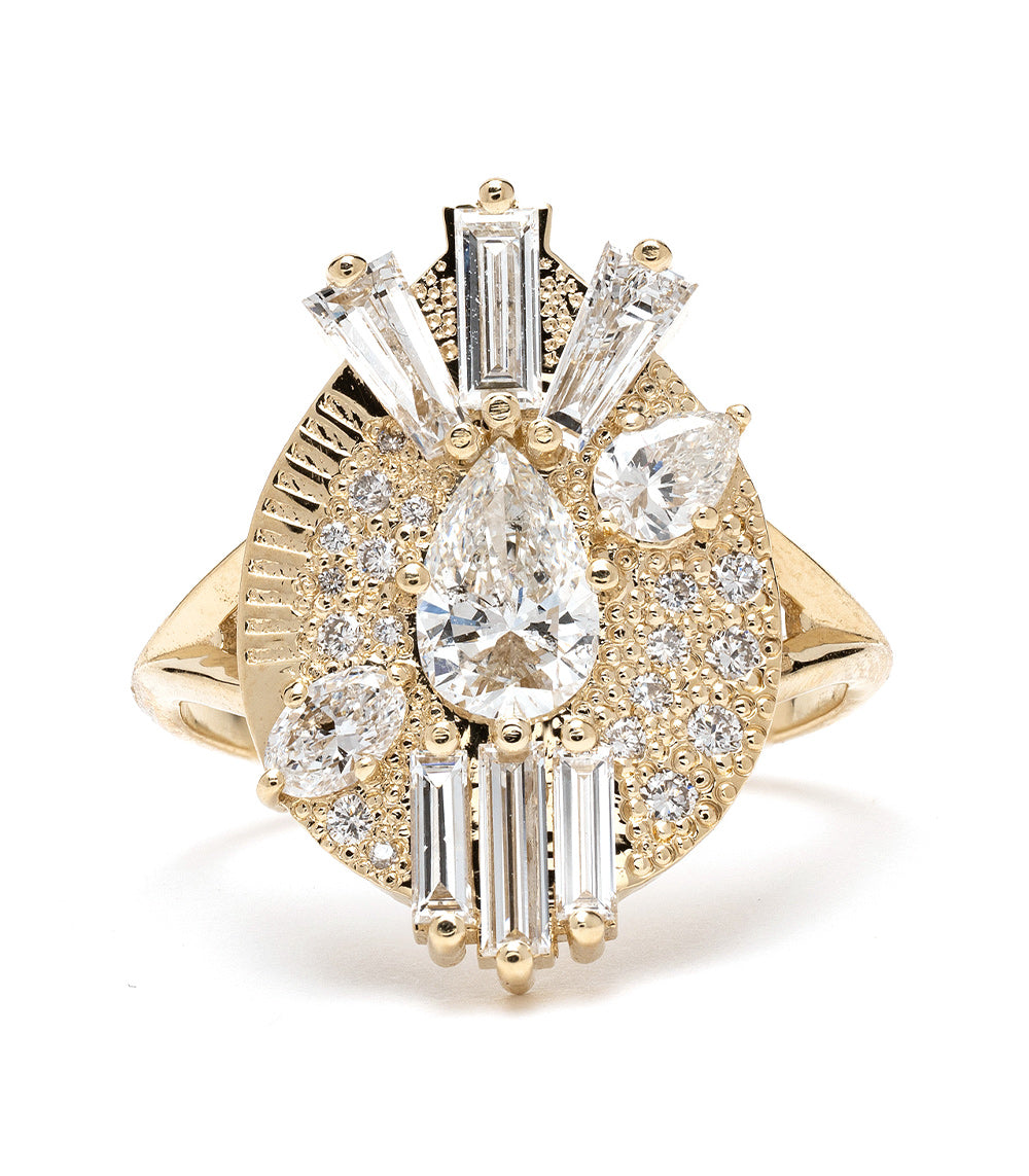 Valentina by MM-R2 gold ring with sparkling baguette and round diamonds, asymmetrical openwork setting