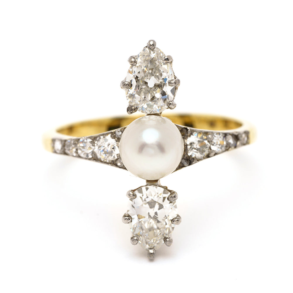 Belle of the Ball VC-R174 engagement ring with gold band, pearl center, and diamond-like halo stones