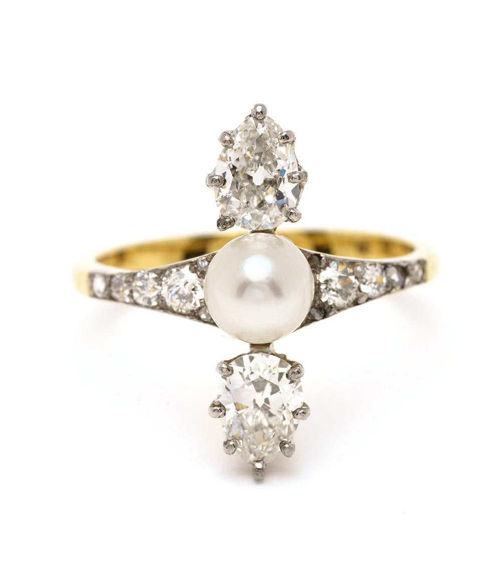 Belle of the Ball VC-R174 engagement ring with gold band, pearl center, and diamond-like halo stones