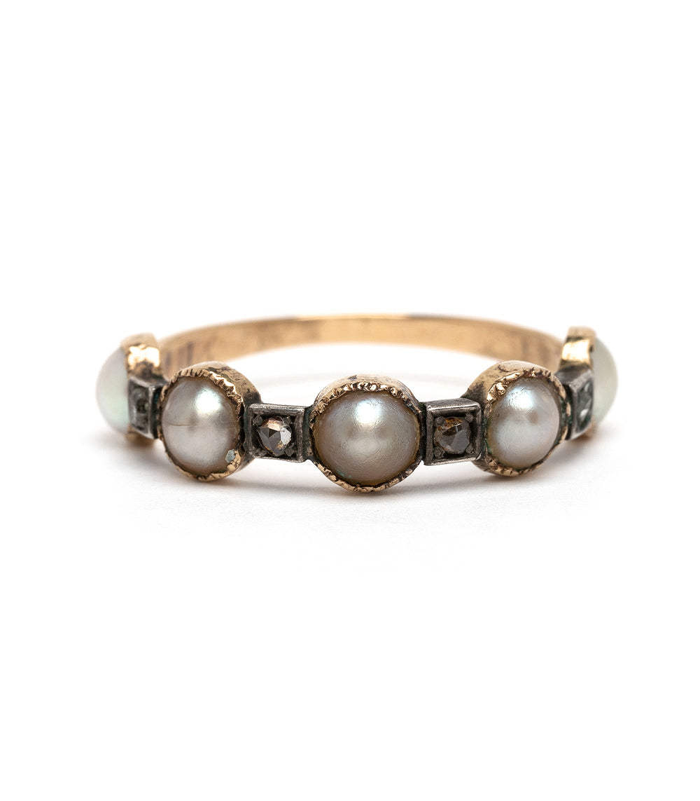 Pearl and Diamond Victorian Stacking Band II by VC-R166, gold stacking ring with three pearls and diamond accents