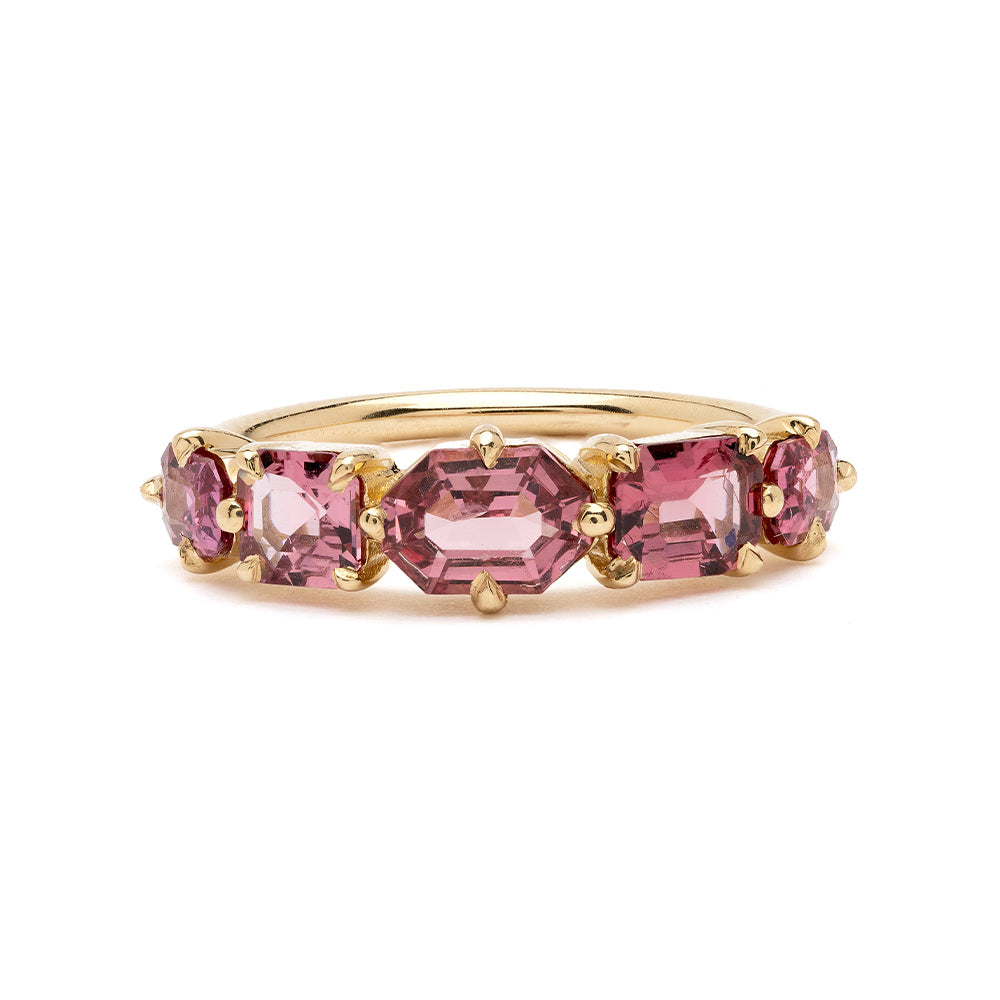 Claudette 5 Stone Band SK-R68B-5-MC-PS-1.64 gold five-stone ring with pink square-cut gemstones.
