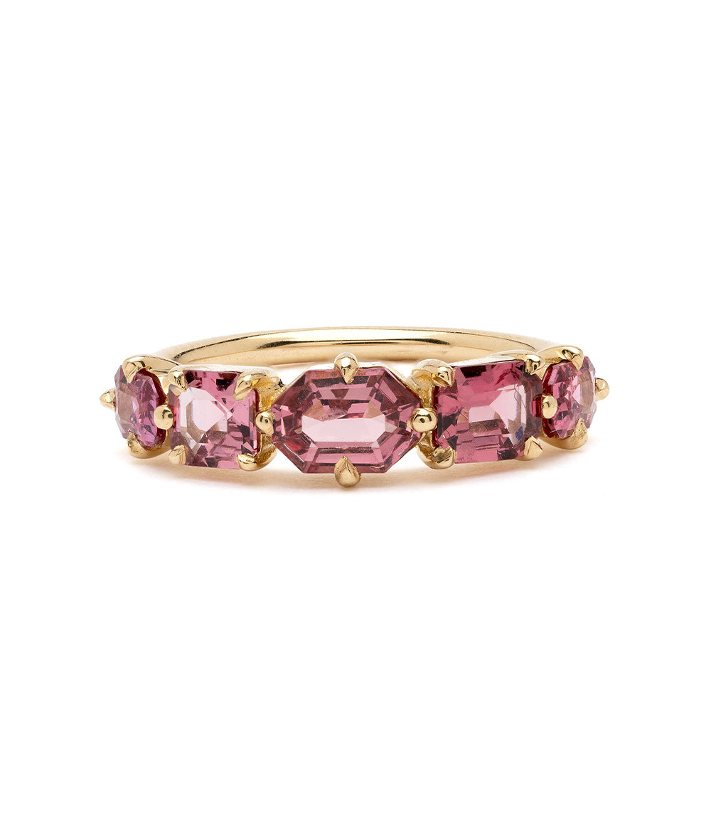 Claudette 5 Stone Band SK-R68B-5-MC-PS-1.64 gold five-stone ring with pink square-cut gemstones.