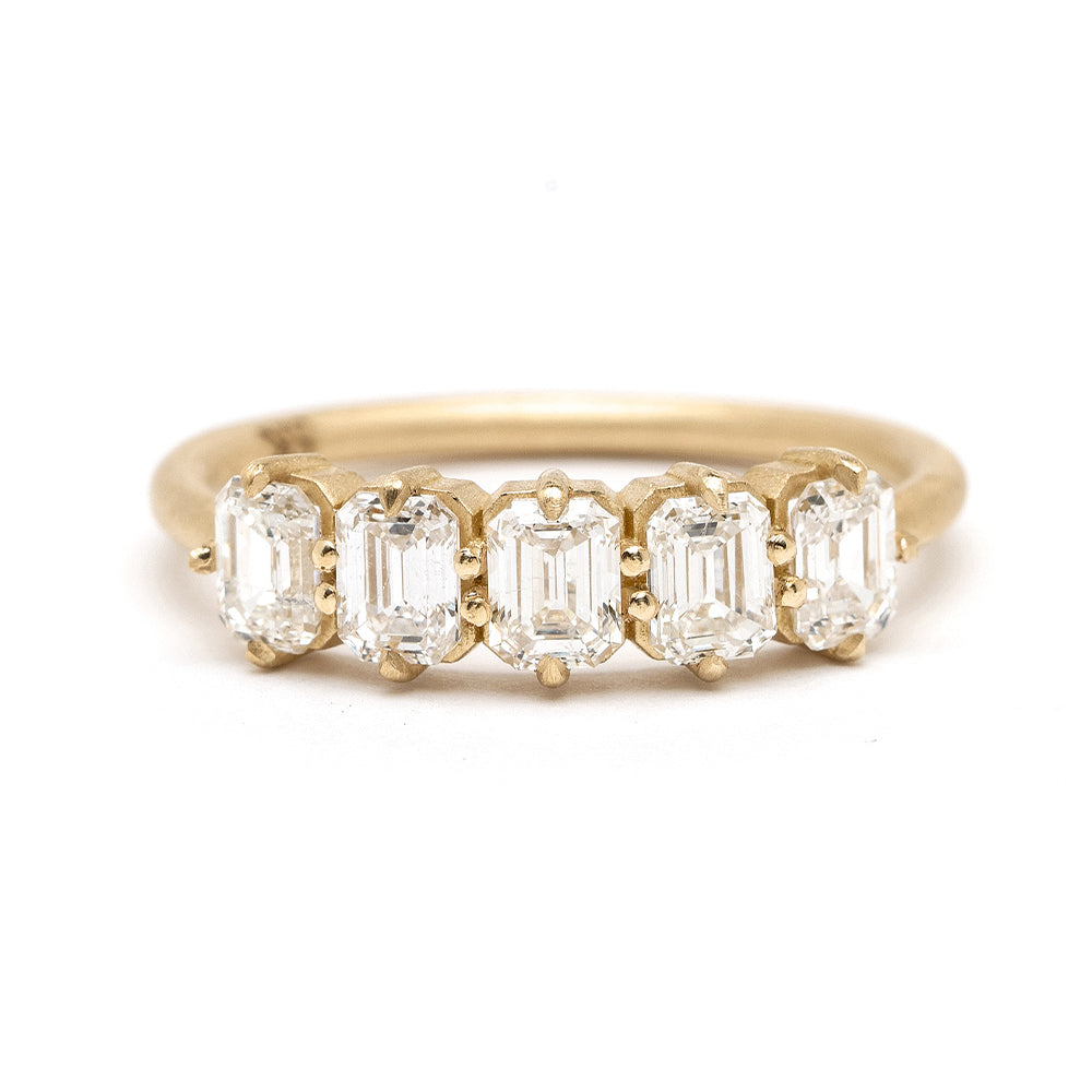 Claudette 5 Stone Band by SK-R68-Band-EC gold five-stone diamond ring with rectangular emerald-cut stones