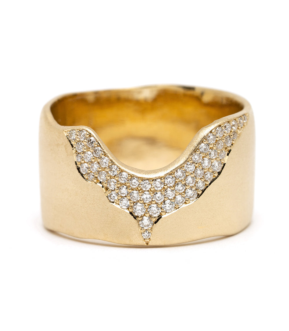 Rolling Hills II P-R13-B asymmetrical engagement ring in shiny 14K yellow gold with pavé diamonds