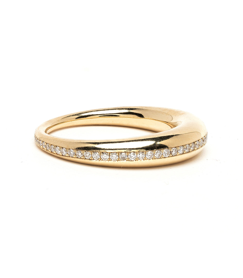 Crescent Band A-R44-EB shiny 14K yellow gold ring with pavé diamonds along the crescent edge
