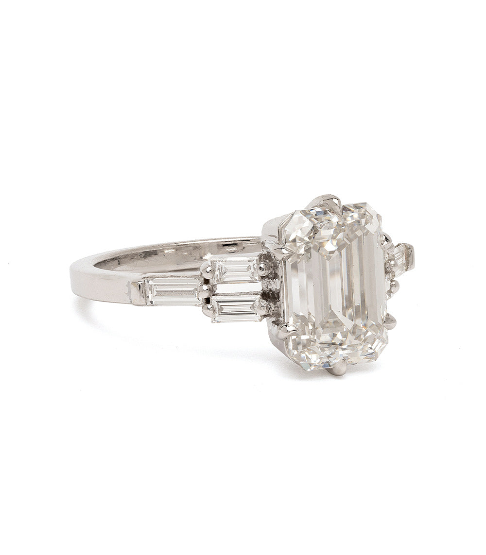 Eleanore SK-R87-LGD-EC-2.80 unique engagement ring in silver-toned metal with emerald-cut stone