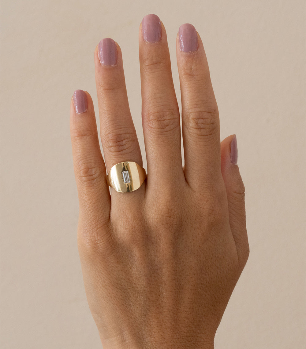 Modern Signet SR-R2-BC signet ring 14K yellow gold shiny finish with vertical baguette stone