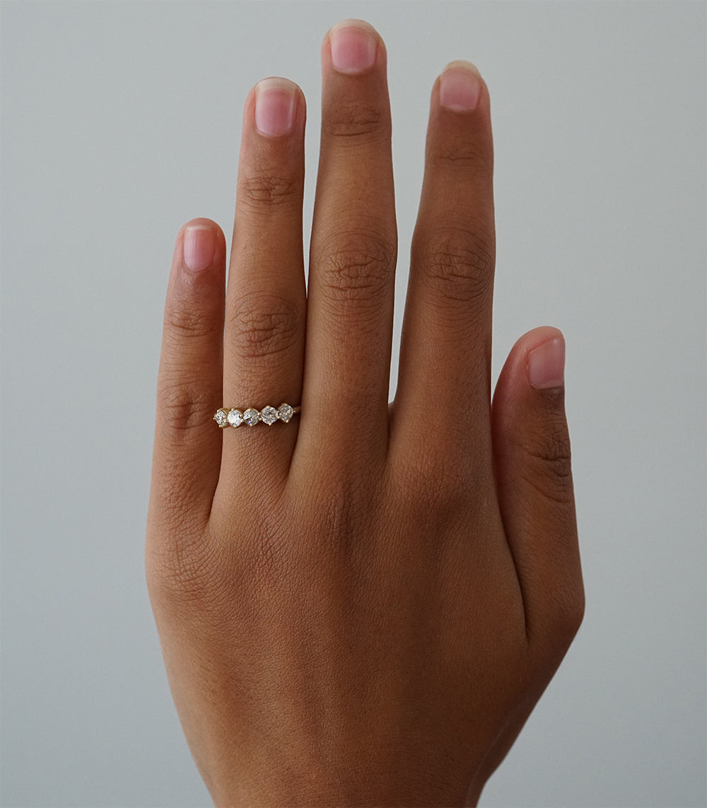 Claudette 5 Stone Band SK-R68-Band ring band in 14K yellow gold with five diamond-like stones, shiny.