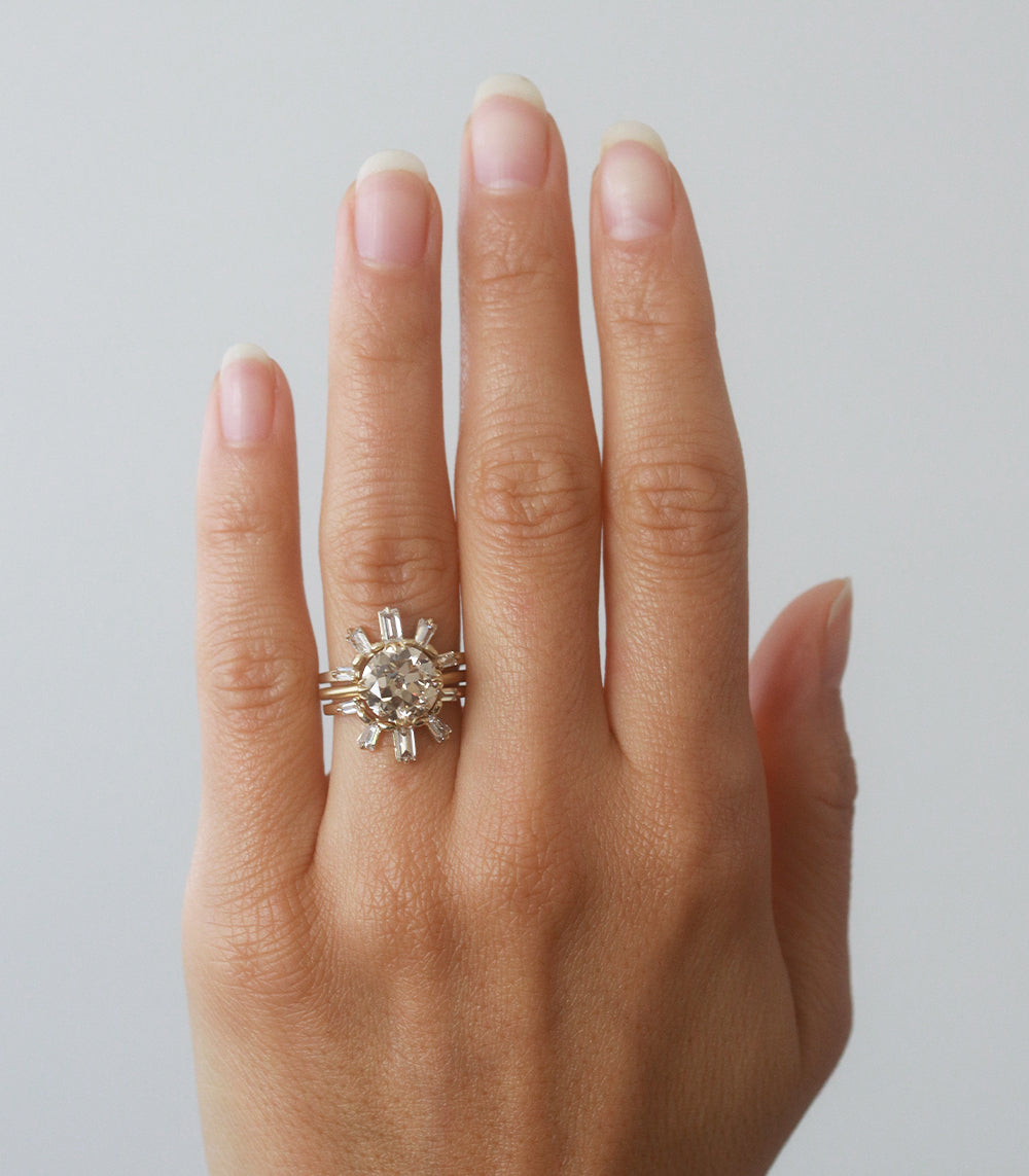 Sunrise Nesting Band by A-R23-L unique engagement ring 14K yellow gold, shiny setting with round center stone