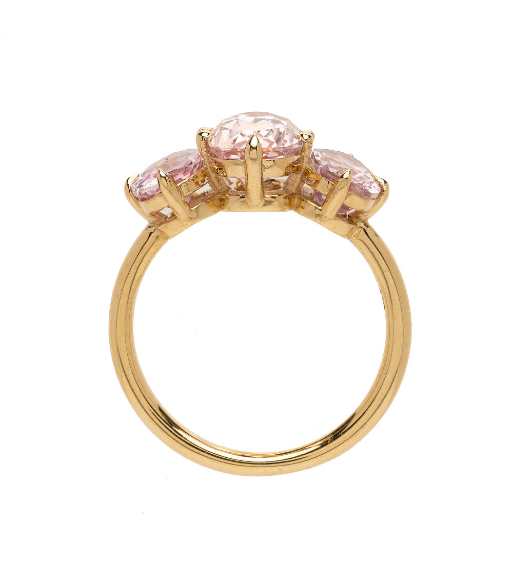 Annika 3 Stone Engagement Ring by SK-R68-PS, gold 3 stone engagement ring with pink stones.