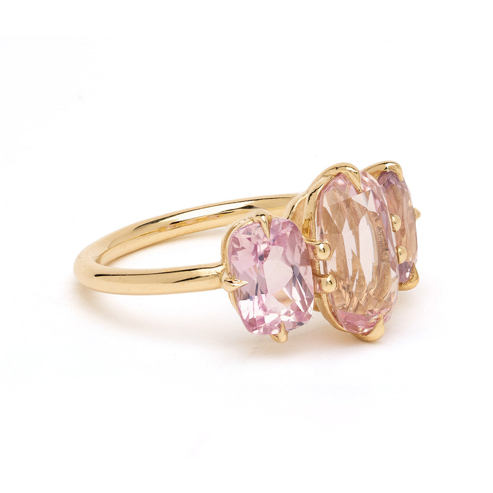 Annika 3 Stone Engagement Ring by SK-R68-PS gold 3 stone engagement ring with pink gemstone sparkle