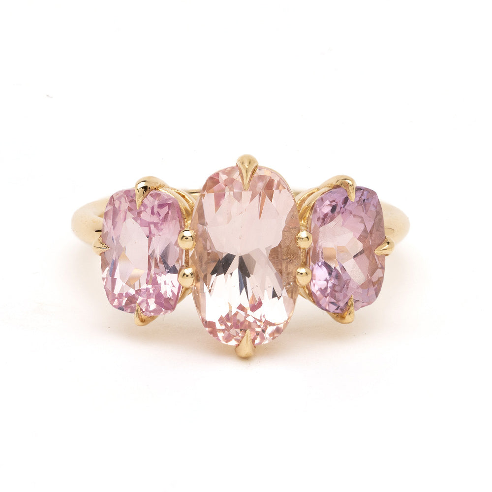 Annika 3 Stone Engagement Ring by SK-R68-PS, 3 stone engagement ring in gold with pink faceted gemstones.