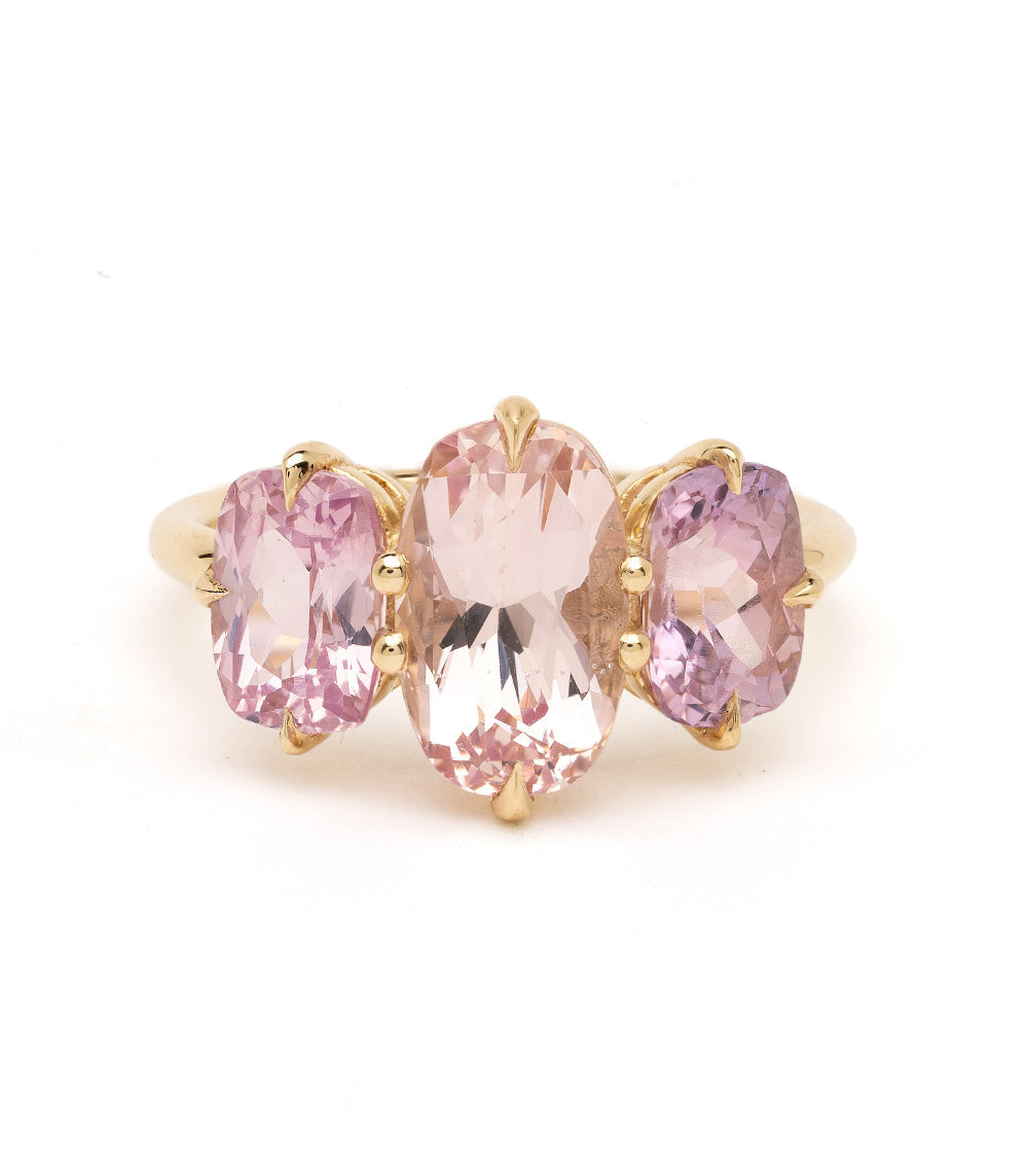 Annika 3 Stone Engagement Ring by SK-R68-PS, 3 stone engagement ring in gold with pink faceted gemstones.