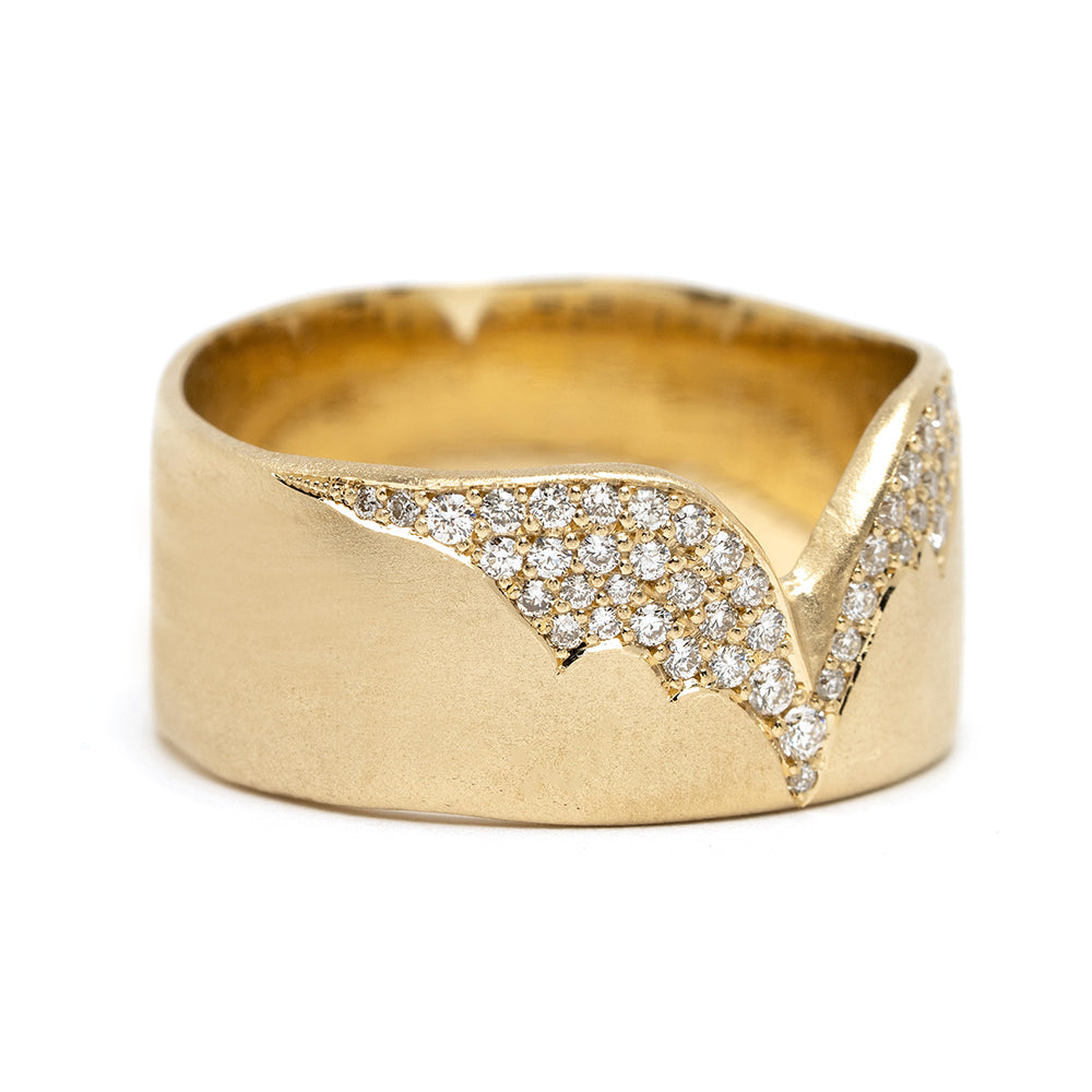 Glacier Point P-R14-A asymmetrical diamond ring in 14K yellow gold with shiny pavé setting