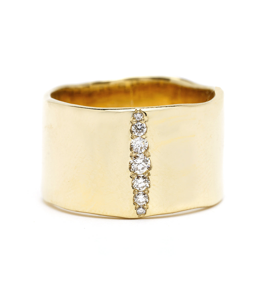 Torn Paper Band With Vertical Diamond Stripe P-R5-Vert shiny gold ring band, vertical diamond stripe