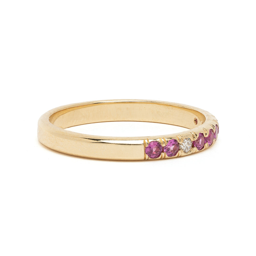 Vintage Inspired Stacking Band by LF-R1-FS 14K yellow gold with purple gemstone and white accents, shiny.