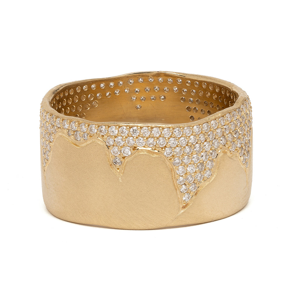 Cracked Band- 10mm by P-R4-Cracked matte 14K yellow gold ring with shiny diamond pavé texture