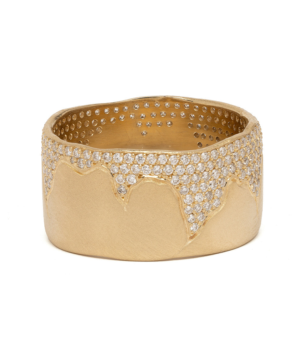 Cracked Band- 10mm by P-R4-Cracked matte 14K yellow gold ring with shiny diamond pavé texture