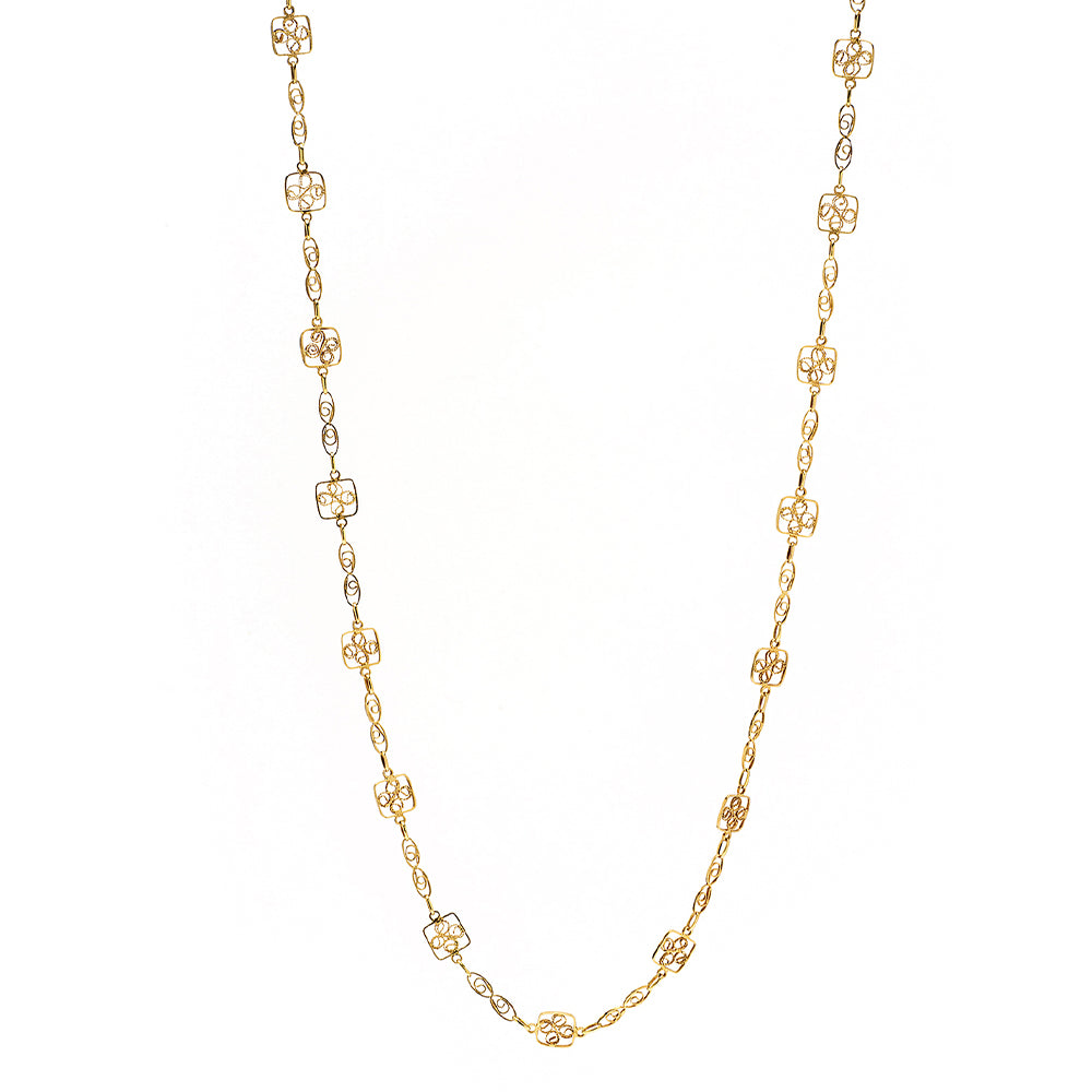 Lacy Links by VC-N69 gold necklace with delicate repeating filigree square links and openwork pattern