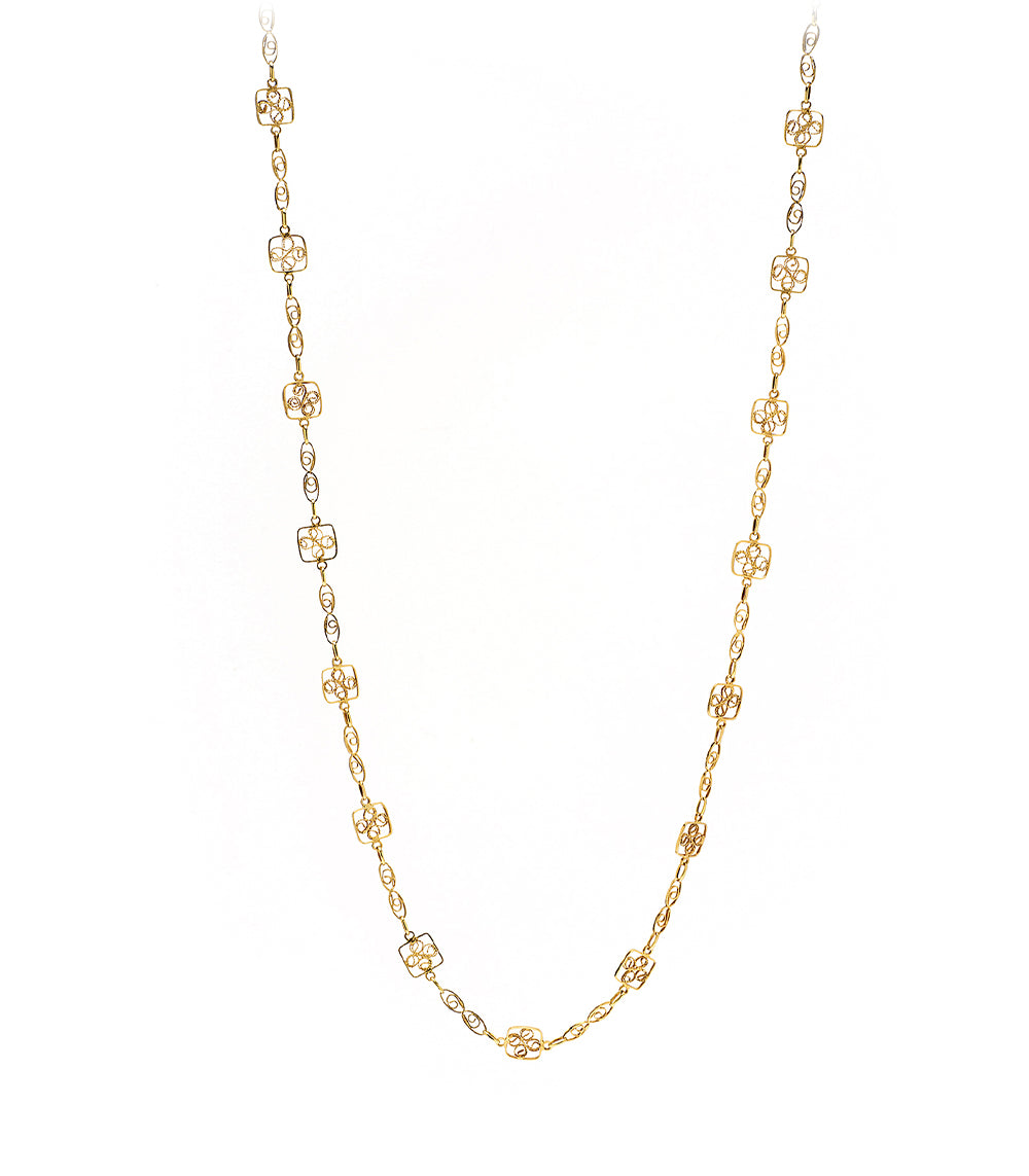Lacy Links by VC-N69 gold necklace with delicate repeating filigree square links and openwork pattern
