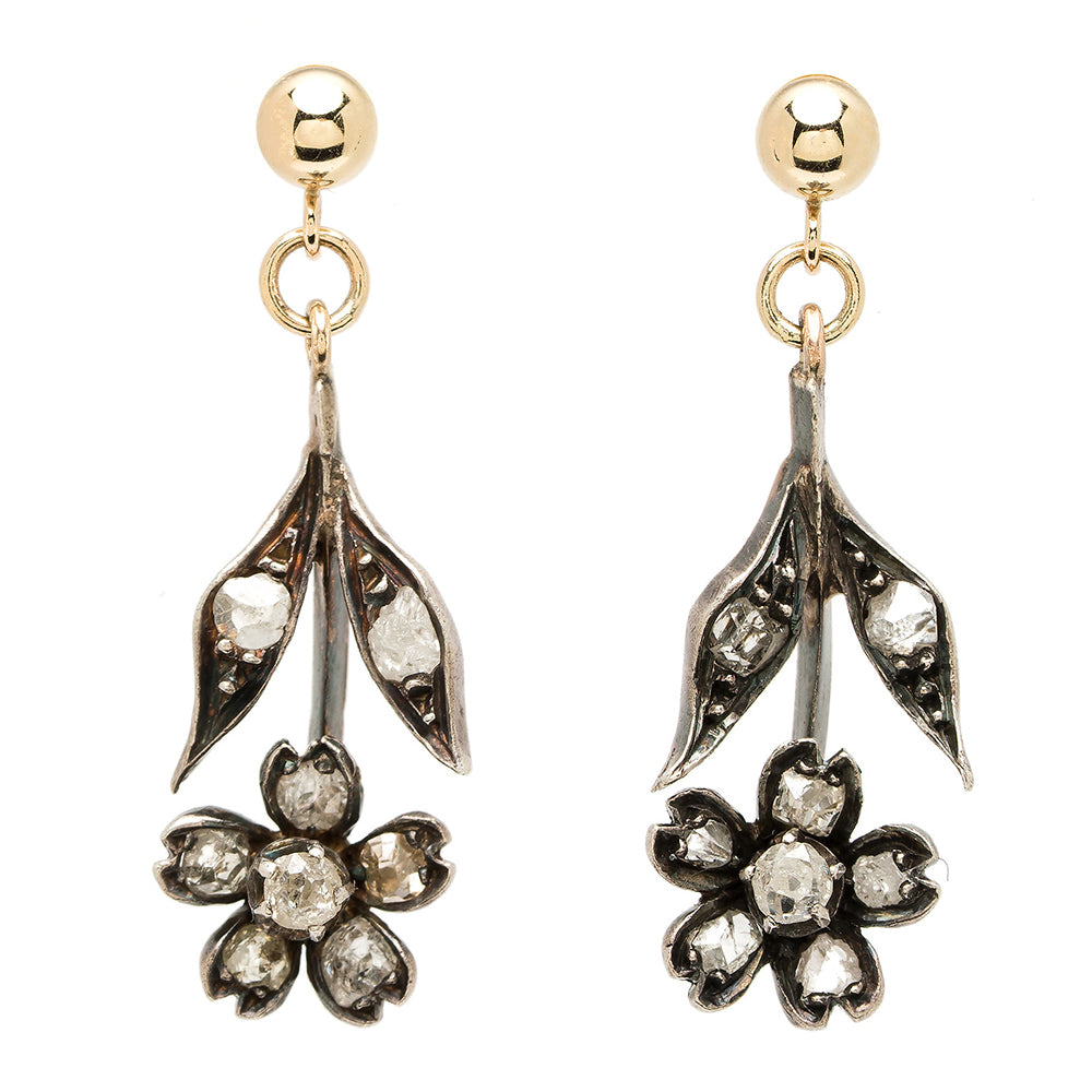 Victorian Diamond Floral Earrings VC-E30 gold earrings with dangling floral cluster and sparkling round stones