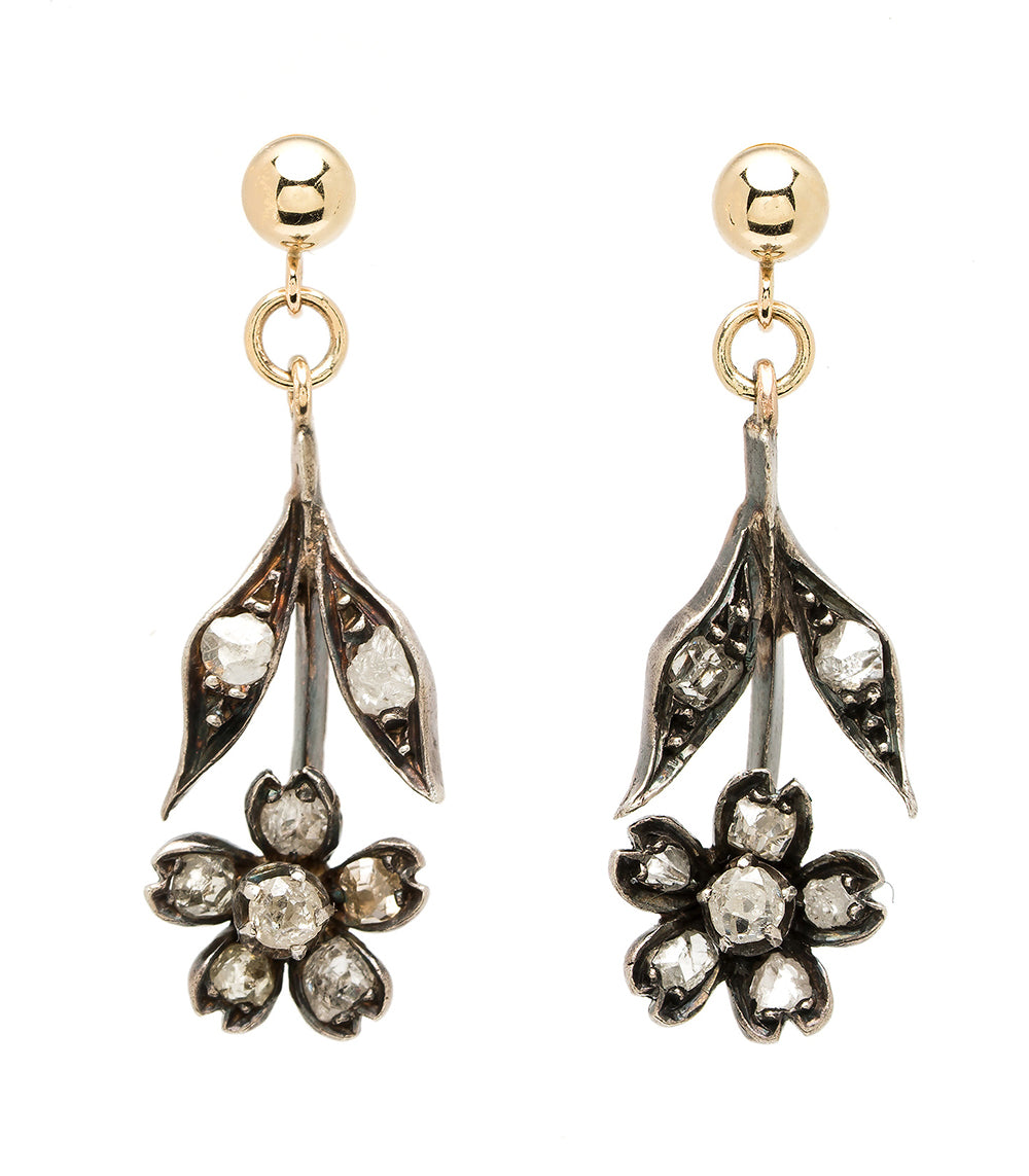 Victorian Diamond Floral Earrings VC-E30 gold earrings with dangling floral cluster and sparkling round stones