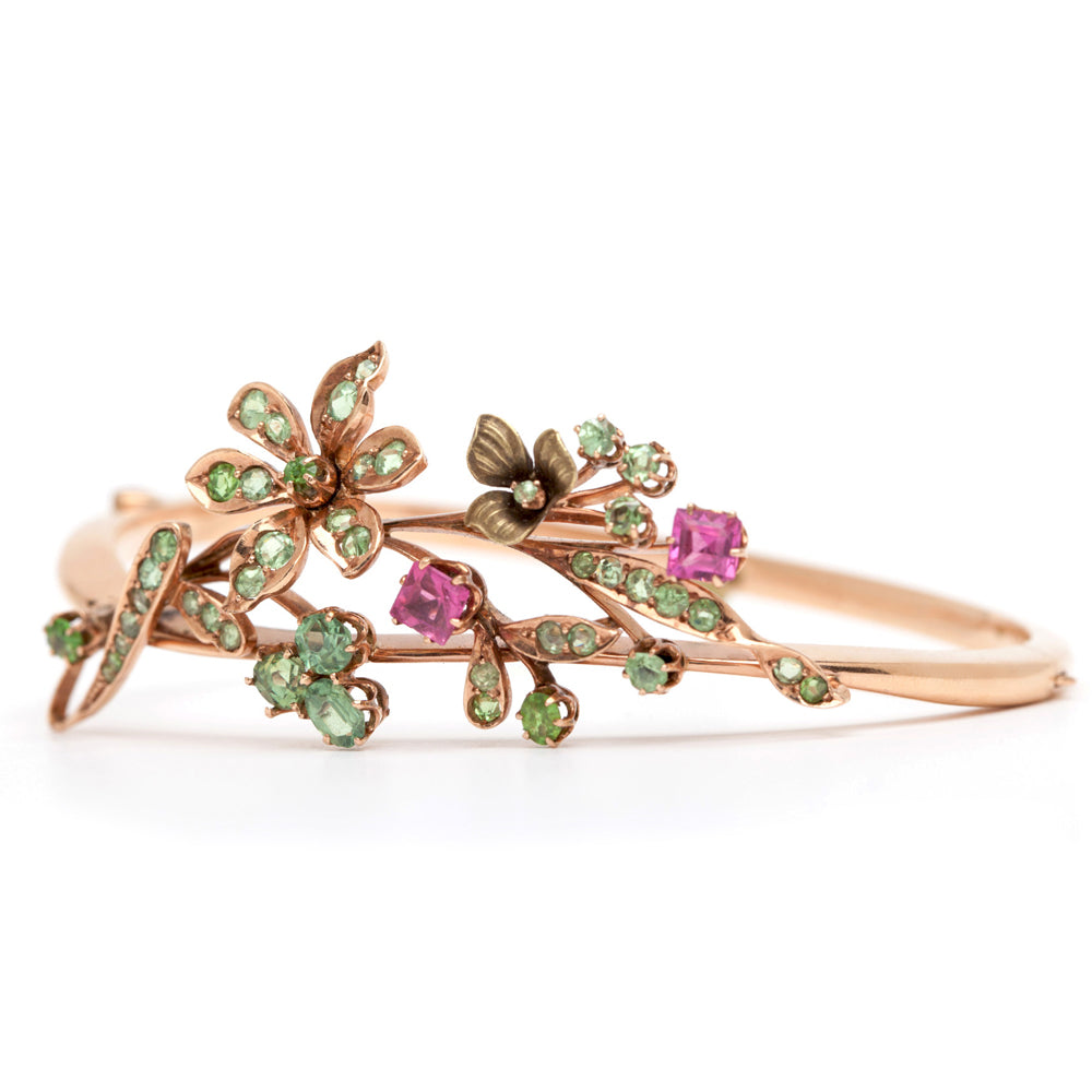 Whimsical Flower Bangle VC-B10 rose gold bangle with green and pink floral stones, delicate vintage style