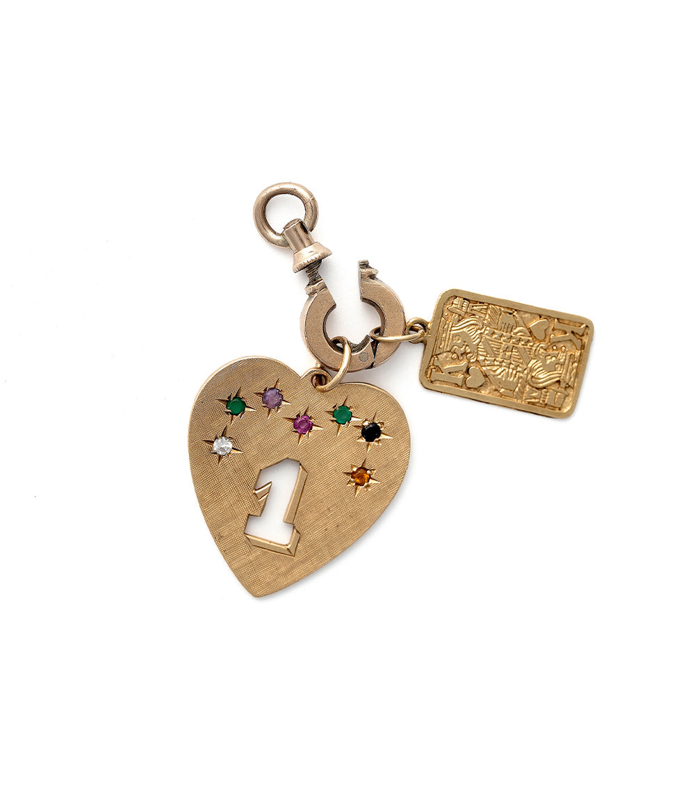 Vintage Charm Holder II by VC-CH2 gold heart charm with letter 1 and multicolor gemstone dangles