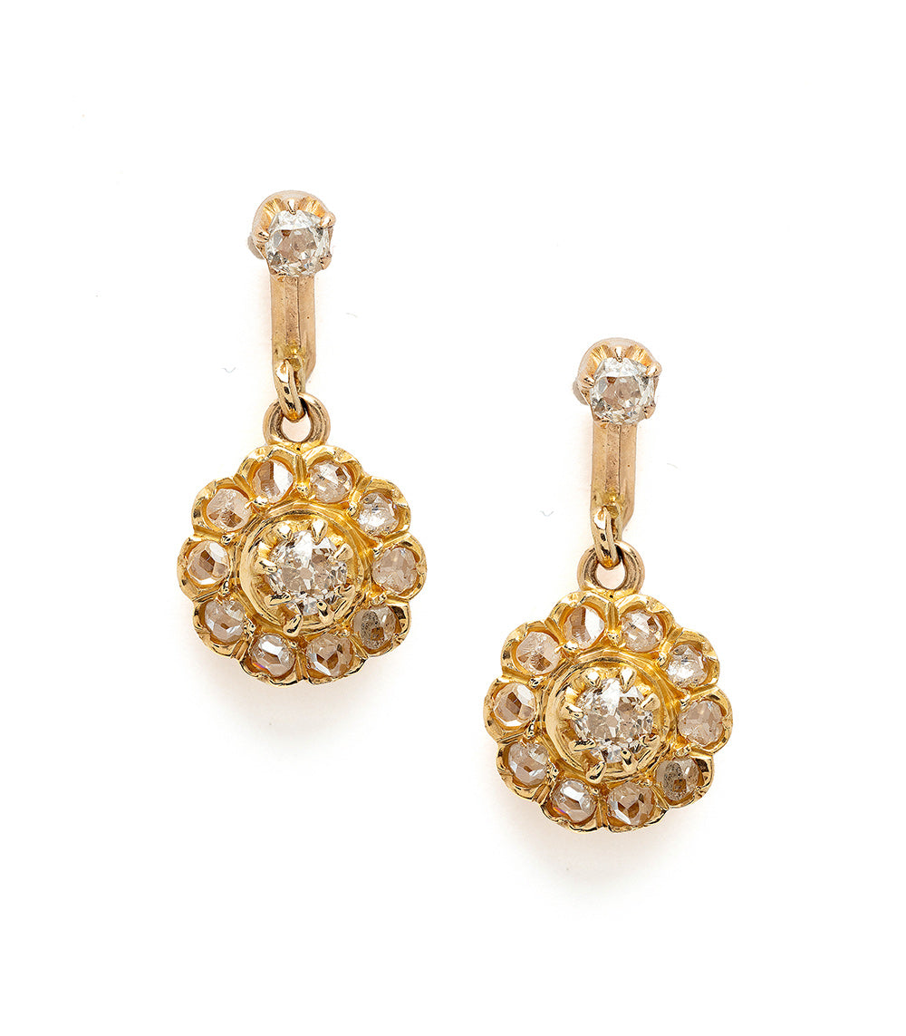 Florette Earrings by VC-E36—gold drop earrings with clustered clear stones and linked halo centers