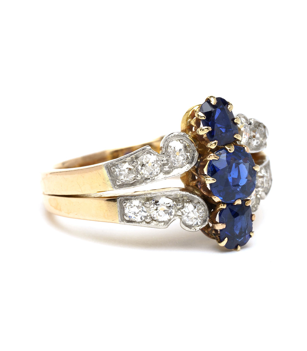 We May Be Royal VC-R177 3 stone engagement ring in gold with blue and clear stones