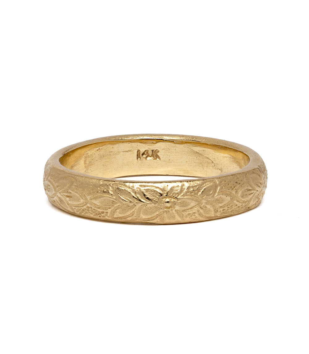 Engraved Flowers and Leaves SK-R4 ring in 14K yellow gold with shiny engraved flowers and leaves